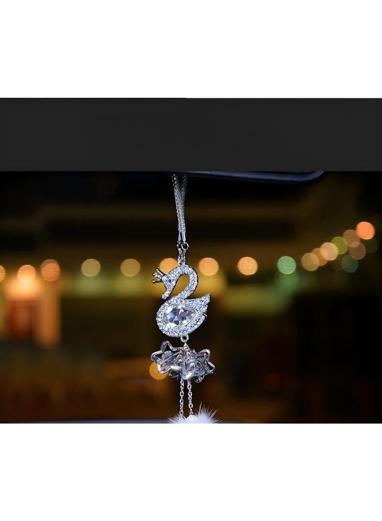 زينة سيارة داخلية، مرآة الرؤية الخلفية، قلادة بوم بوم من ريش البجعة، إكسسوارات سيارة قطيفة مزينة بالألماس، زينة سيارة إبداعية - Image 5